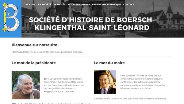 Capture d'écran du site web de la Société d'histoire de Boersch, conçu avec un design professionnel et une navigation intuitive.